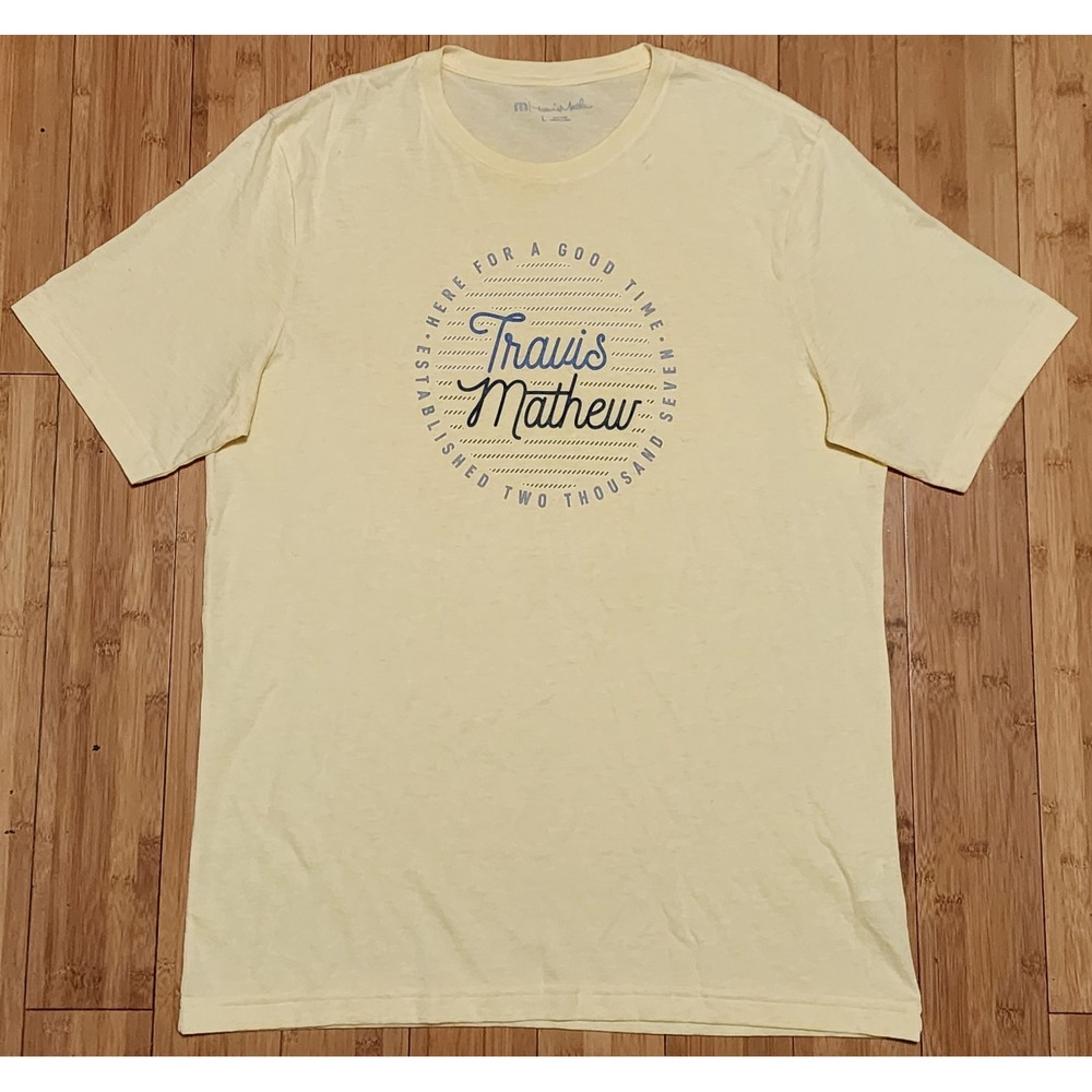 Travis Mathew Cheers My Dears T-Shirt Mens Large Graphic Tee Yellow 1MX212
